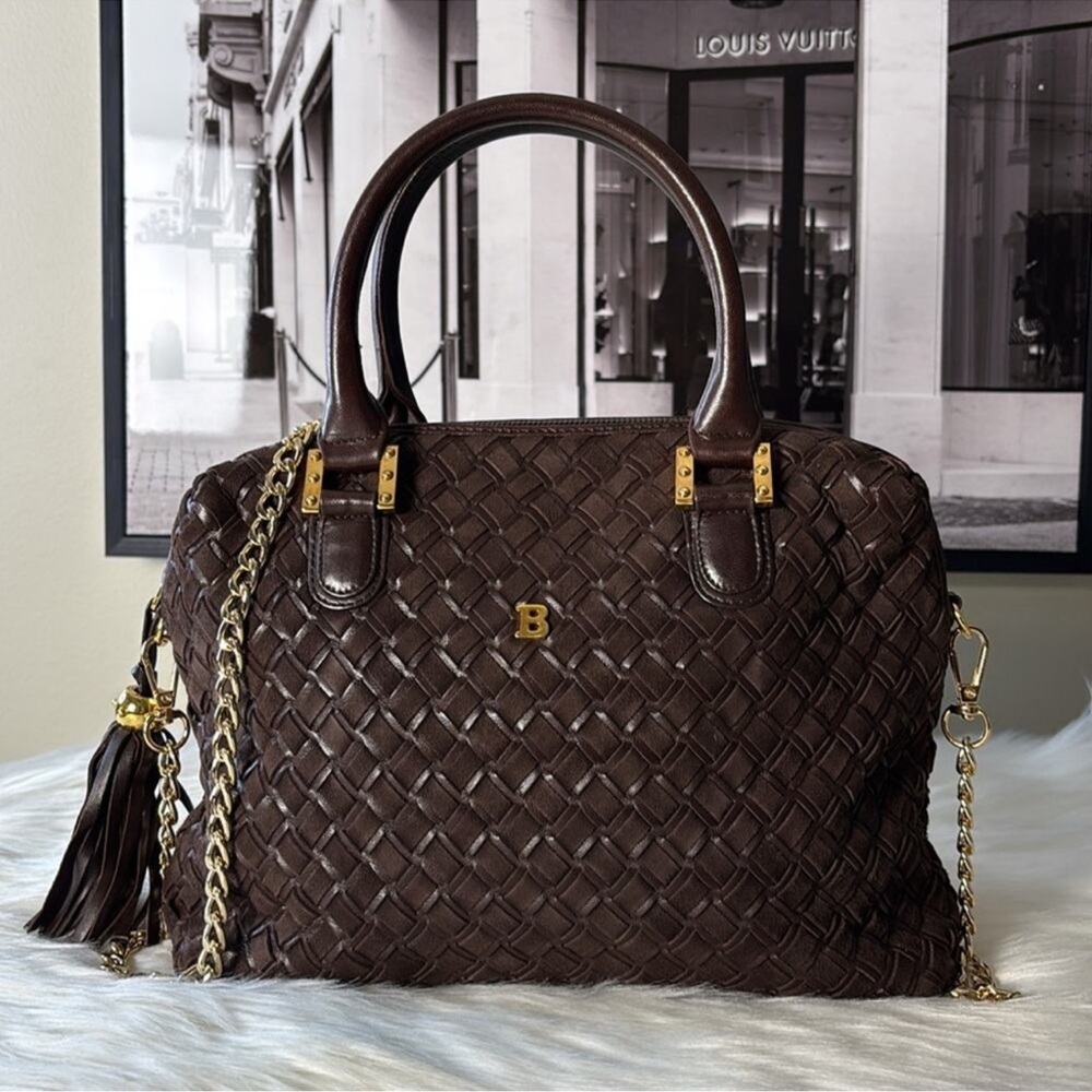 BALLY Elegant Brown Woven Suede & Leather Satchel w/Gold HDW, Chain & Tassel EUC
